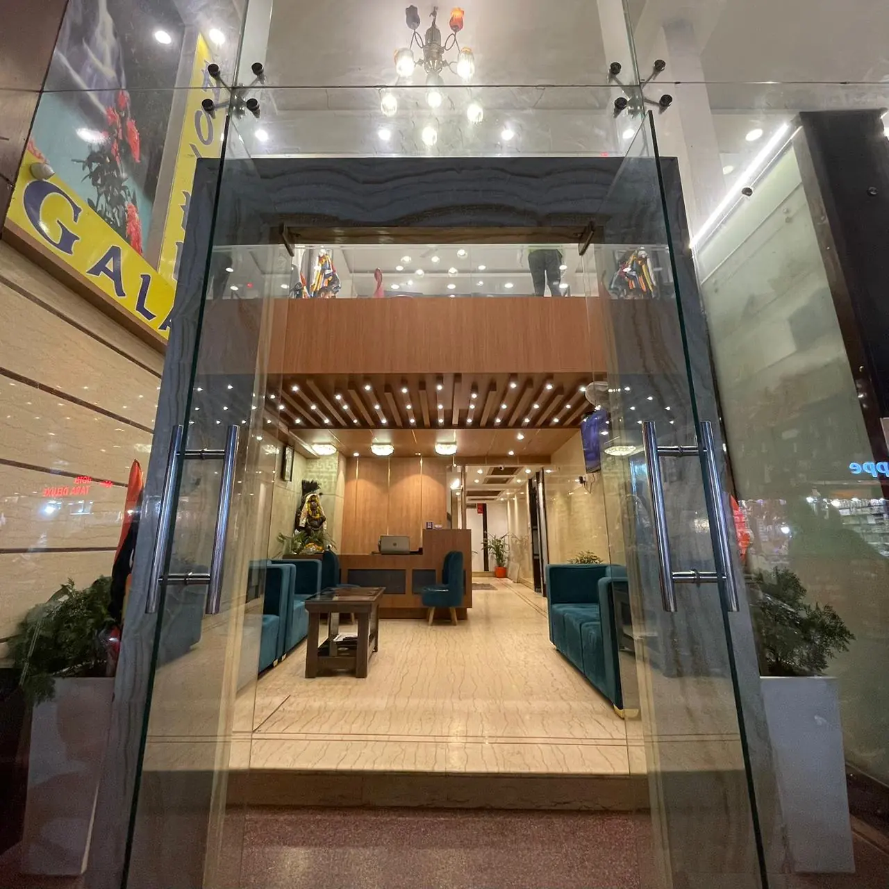 Hotel Galaxy entrance at night